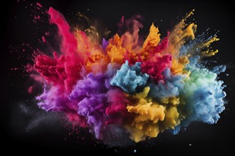 Holi background, vibrant and colorful powder smoke explosion on black background, AI generated