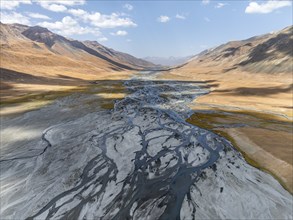 Aerial view, Burkhan mountain valley with meandering river, barren dramatic mountain landscape,