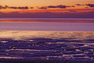 Evening tidal flat landscape shortly after sunset at low tide in the Wadden Sea National Park.