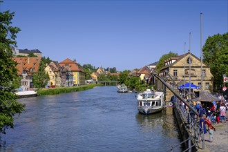 Regnitz with Kleinvenedig, and landing stage, Bamberg, Upper Franconia, Bavaria, Germany, Europe