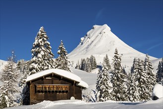 Snow-covered mountains and mountain hut, Damülser Mittagspitze, Damüls, Bregenzerwald, Vorarlberg,