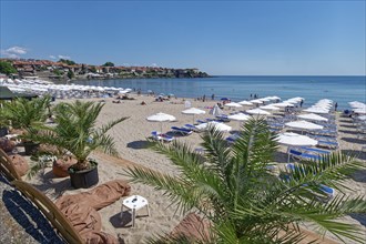 Beach with beach huts, restaurants and cafés on the Bay of Burgas on the Black Sea. Sozopol,