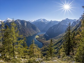 Panoramic view of the Königssee from the Archenkanzel viewpoint, autumnal forest and snow-capped