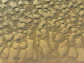 Sandy shapes at low tide at the shore of the Atlantic Ocean near Cape Trafalgar. Aerial view. Drone