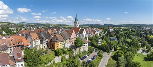 Aerial view, panorama of the town of Engen in Hegau with the Church of the Assumption of the Virgin