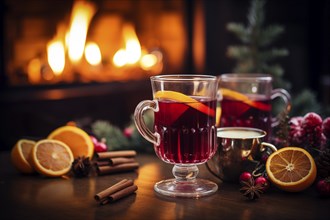 Two glasses of traditional mulled wine with orange and cranberry garnishes on a cozy Christmas