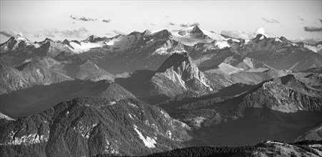 Black and white, view of GroÃŸvenediger and Venedigergruppe in the Hohe Tauern, dramatic mountain