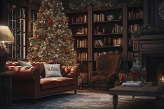 A cozy interior living room decorated for Christmas with a Christmas tree. The image captures the