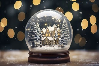 Winter Wonderland with house and trees in Glass Ball Snow Globe on table and blurred bokeh