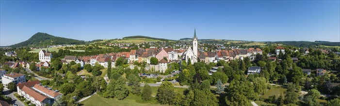 Aerial panorama of the town of Engen, on the left on the horizon the Hegau volcano Hohenhewen,