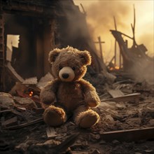 War children tragedy concept, sad teddy bear left in ruins of house destroyed at war, AI generated