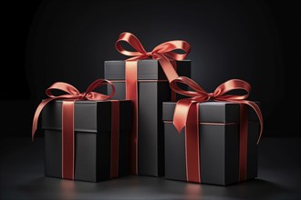 A black Friday Sale concept with black present boxes with red ribbons on a black background, AI