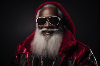 Modern black Santa Claus in Santa hat with sunglasses and long white beard, smiling while looking