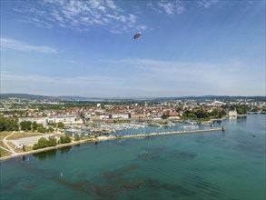 Aerial view of the city of Constance with the Lake Constance harbour, on the left the Sealife