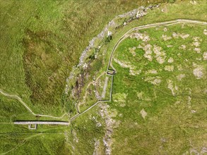 Aerial view, Top down view of Hadrian's Wall, Steel Rigg, Haltwhistle, Northumberland, England,