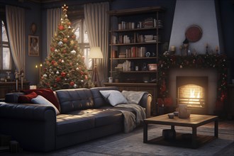 A cozy interior living room with burning fireplace decorated for Christmas with a Christmas tree.