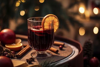 Glass of traditional mulled wine with orange and cranberry garnishes on a cozy Christmas table. The