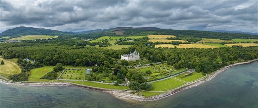 Aerial panorama of Dunrobin Castle, Golspie, Sutherland, Highlands, Scotland, United Kingdom,