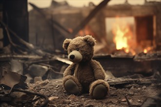 A poignant concept image depicting the tragic impact of war on children. A sad teddy bear toy sits