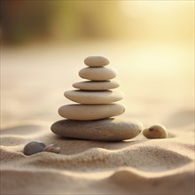 Zen stones stack on sand waves in a minimalist setting for balance and harmony. Balance, harmony,