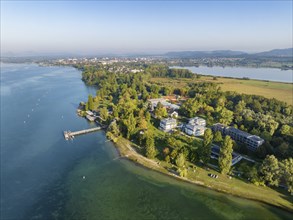 Aerial view of the Mettnau peninsula with the landing stage, solar ferry, restaurant and spa