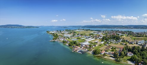 Aerial panorama of the western part of Reichenau Island, on the horizon from the left the Höri