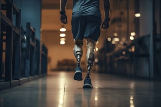 Amputee sportsman walking in corridor with bionic prosthetic legs prosthesis with robotic