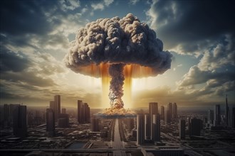 Nuclear blast and mushroom cloud in a city skyline. The explosion is destroying buildings and