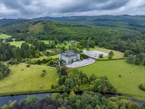 Aerial view of Inveraray Castle seen from the east, Argyll and Bute, Scotland, United Kingdom,