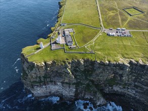 Aerial view of Dunnet Head with the lighthouse, the northernmost point of the British main island,