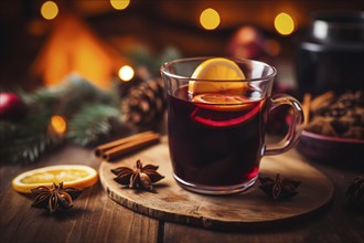 Glass of traditional mulled wine with orange and cranberry garnishes on a cozy Christmas table. The