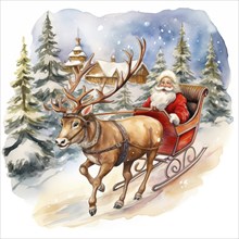 A watercolor drawing illustration of Santa Claus sleigh ride with reindeer, in the style of