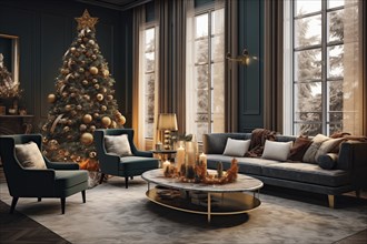 A cozy interior living room decorated for Christmas with a Christmas tree. The image captures the