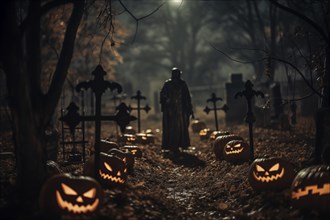 Halloween concept, spooky graveyard at night under full moon with Halloween jack-o-lantern pumpkins