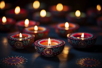 Diwali indian festival of lights background, burning diya lamps on a decorated table close up, AI