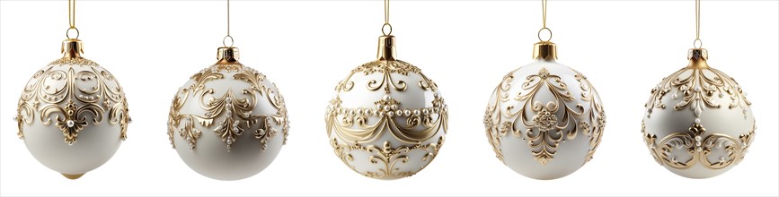 Set of beautifully decorative white and gold christmas tree ornaments isolated on white. generative