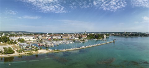 Aerial panorama of the city of Constance and the Lake Constance harbour, on the left the Sealife