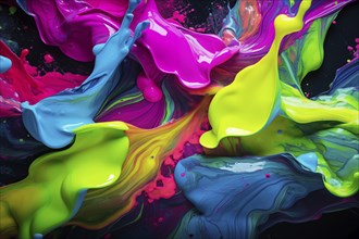 Abstract background of vibrant colorful neon colored paint splashes on black background, AI