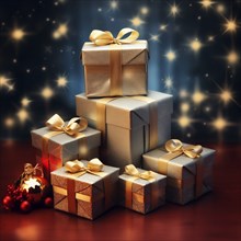 A pile of Christmas presents gift boxes. The image captures the festive merry and joyful spirit of