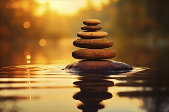 Stack of zen stones on water with a nature background. The image conveys a sense of balance,