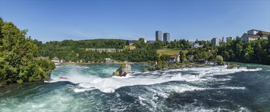 Aerial panorama of the Rhine Falls, viewing terrace on the left, Neuhausen, Canton Schaffhausen,