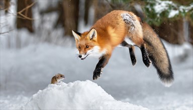 A red fox in winter fur jumping in pursuit of a mouse in the snow in a winter landscape, AI