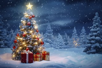 Peaceful and serene Christmas scene with a decorated Christmas tree with gifts presents in a snowy