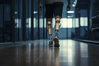 Amputee sportsman walking in corridor with bionic prosthetic legs prosthesis with robotic