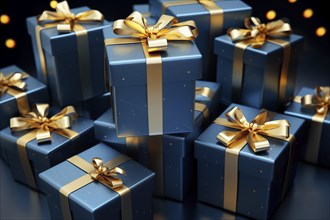 A pile of blue Christmas presents gift boxes close up. The image captures the festive merry and