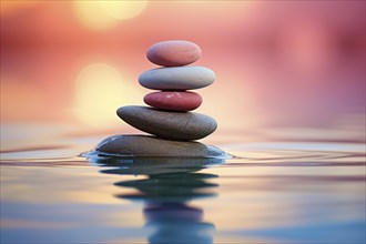 Stack of zen stones on water with a nature background. The image conveys a sense of balance,