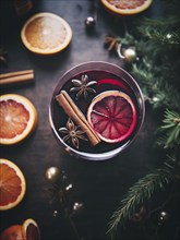 Glass of traditional mulled wine with orange and cranberry garnishes on a cozy Christmas table. The