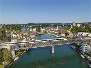 Aerial view of the town of Schaffhausen with railway bridge over the Rhine, Canton Schaffhausen,