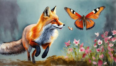 A red fox playfully chases a butterfly, AI generated