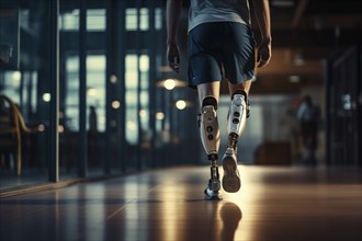 Amputee sportsman walking in corridor with bionic prosthetic legs prosthesis with robotic